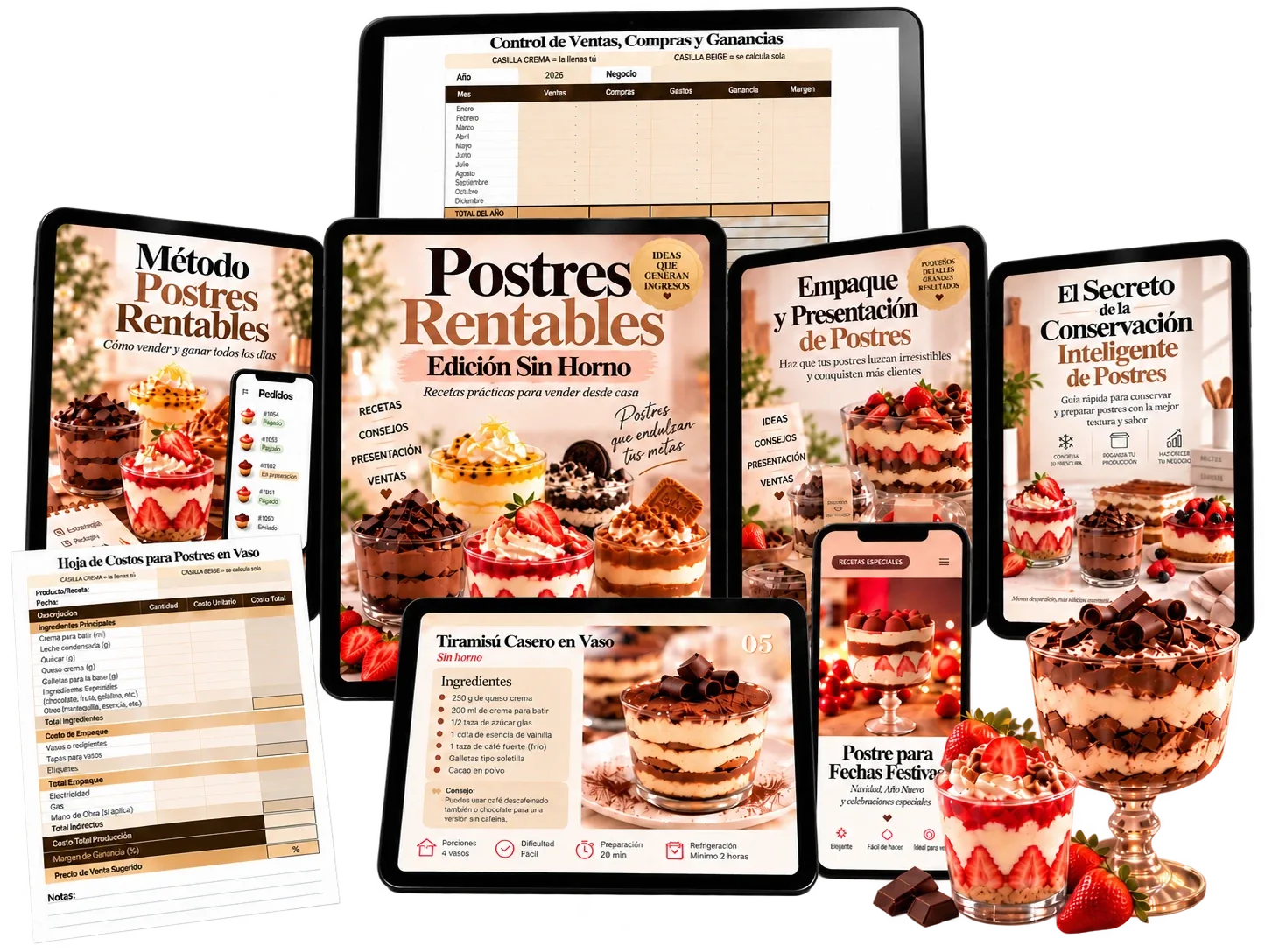 Postres Rentables · Edición Sin Horno, con sus 5 bonos: planillas, guías y recetas
